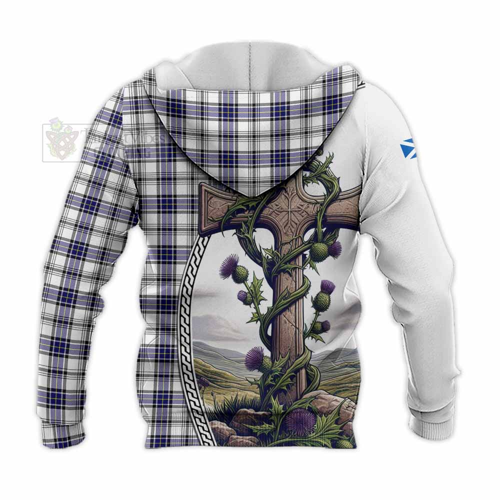 Tartan Vibes Clothing Hannay Tartan Knitted Hoodie with Family Crest and St. Andrew's Cross Accented by Thistle Vines