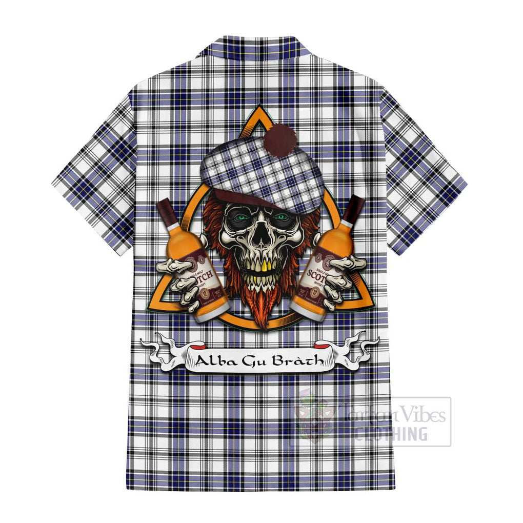 Tartan Vibes Clothing Hannay Tartan Short Sleeve Button Shirt with Family Crest and Bearded Skull Holding Bottles of Whiskey