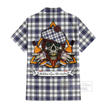 Hannay Tartan Short Sleeve Button Shirt with Family Crest and Bearded Skull Holding Bottles of Whiskey