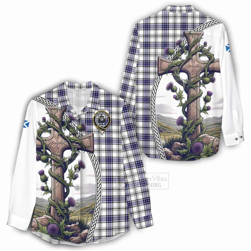 Tartan Vibes Clothing Hannay Tartan Women's Casual Shirt with Family Crest and St. Andrew's Cross Accented by Thistle Vines