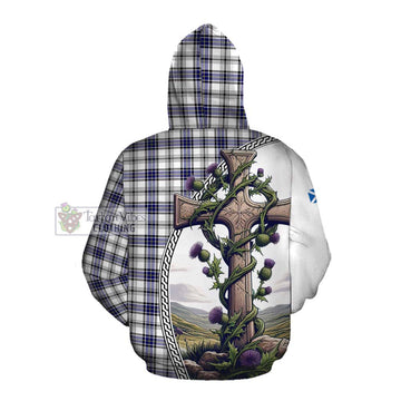 Hannay Tartan Cotton Hoodie with Family Crest and St. Andrew's Cross Accented by Thistle Vines Pullover Hoodie - Tartan Vibes Clothing