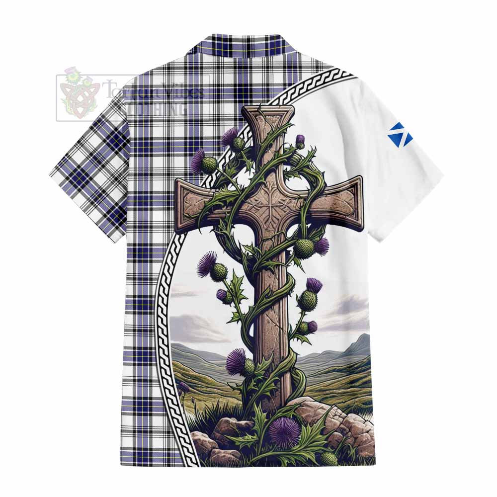 Tartan Vibes Clothing Hannay Tartan Short Sleeve Button Shirt with Family Crest and St. Andrew's Cross Accented by Thistle Vines