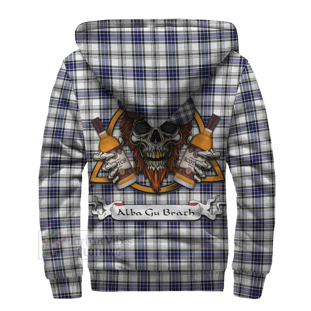 Tartan Vibes Clothing Hannay Tartan Sherpa Hoodie with Family Crest and Bearded Skull Holding Bottles of Whiskey