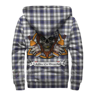 Hannay Tartan Sherpa Hoodie with Family Crest and Bearded Skull Holding Bottles of Whiskey