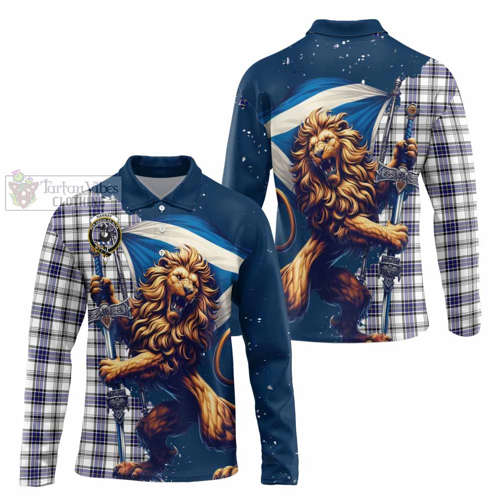 Tartan Vibes Clothing Hannay Tartan Family Crest Long Sleeve Polo Shirt with Scottish Majestic Lion