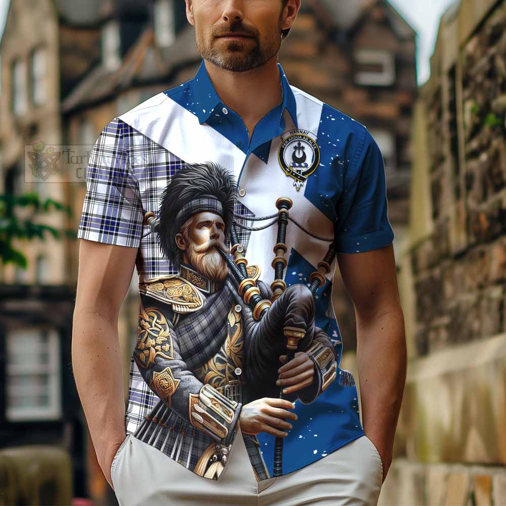 Tartan Vibes Clothing Hannay Tartan Short Sleeve Button Shirt with Family Crest Scottish Bagpiper Vibes