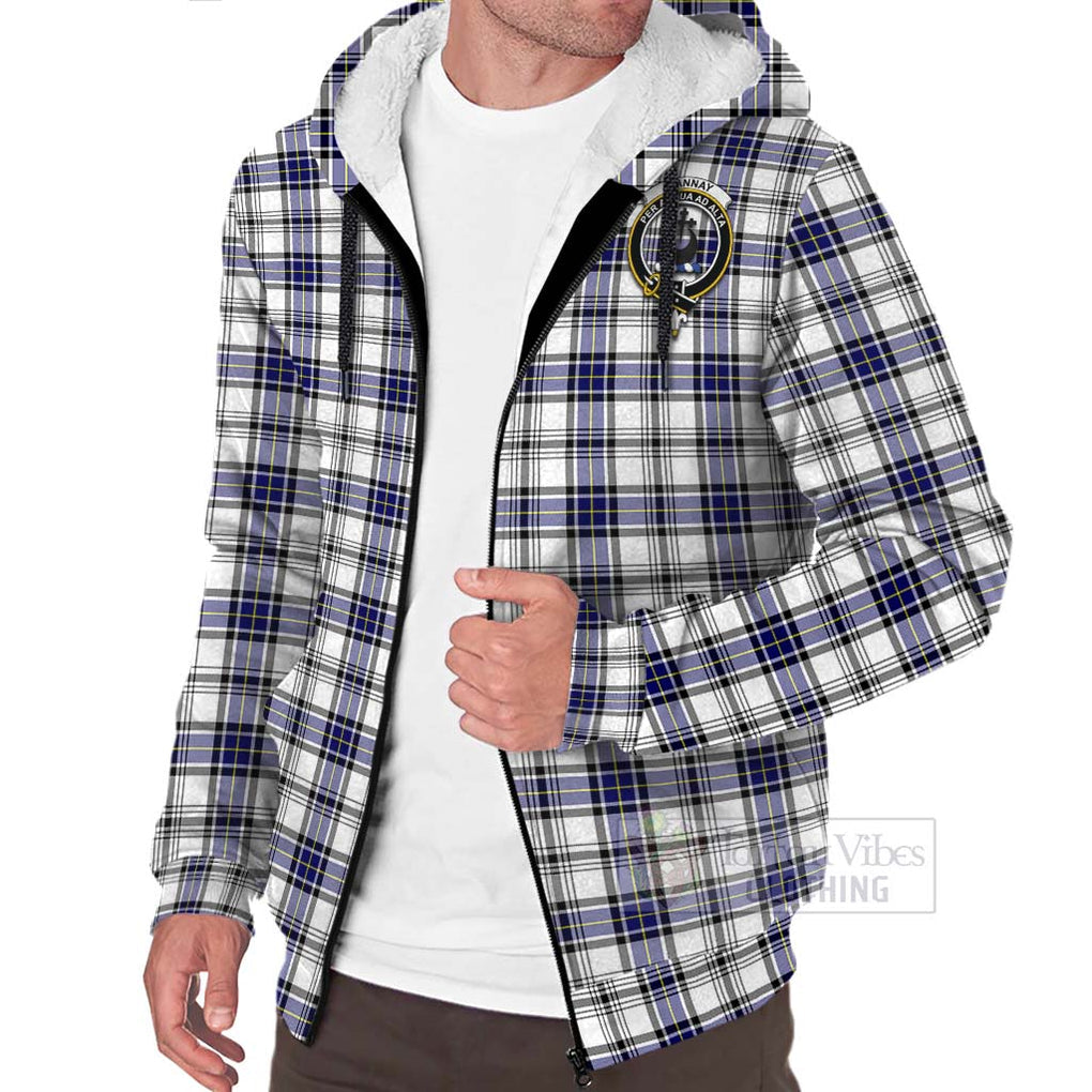 Tartan Vibes Clothing Hannay Tartan Sherpa Hoodie with Family Crest and Bearded Skull Holding Bottles of Whiskey