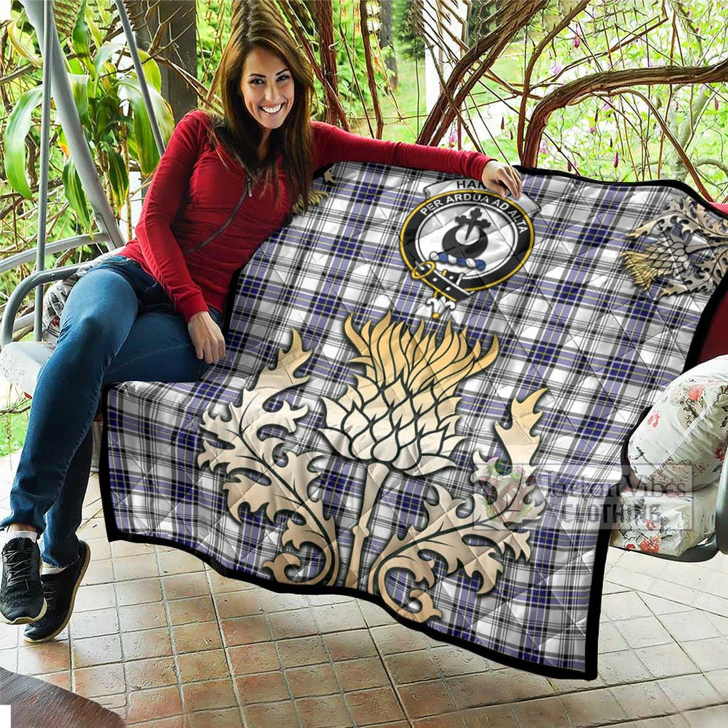 Tartan Vibes Clothing Hannay Tartan Quilt with Family Crest and Golden Thistle Style