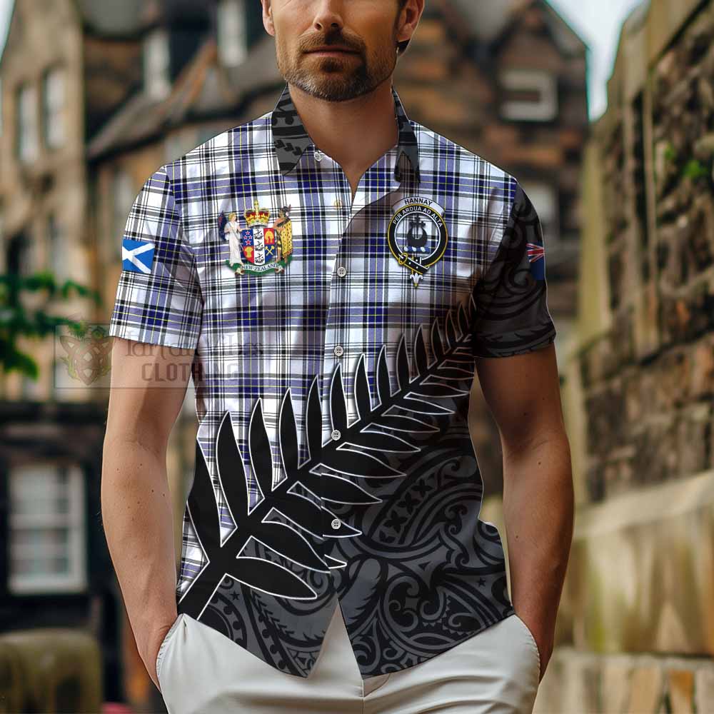 Tartan Vibes Clothing Hannay Crest Tartan Short Sleeve Button Shirt with New Zealand Silver Fern Half Style