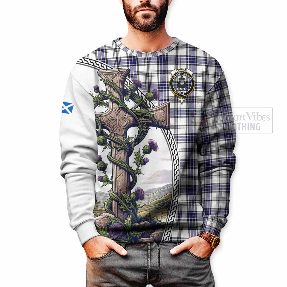 Tartan Vibes Clothing Hannay Tartan Sweatshirt with Family Crest and St. Andrew's Cross Accented by Thistle Vines