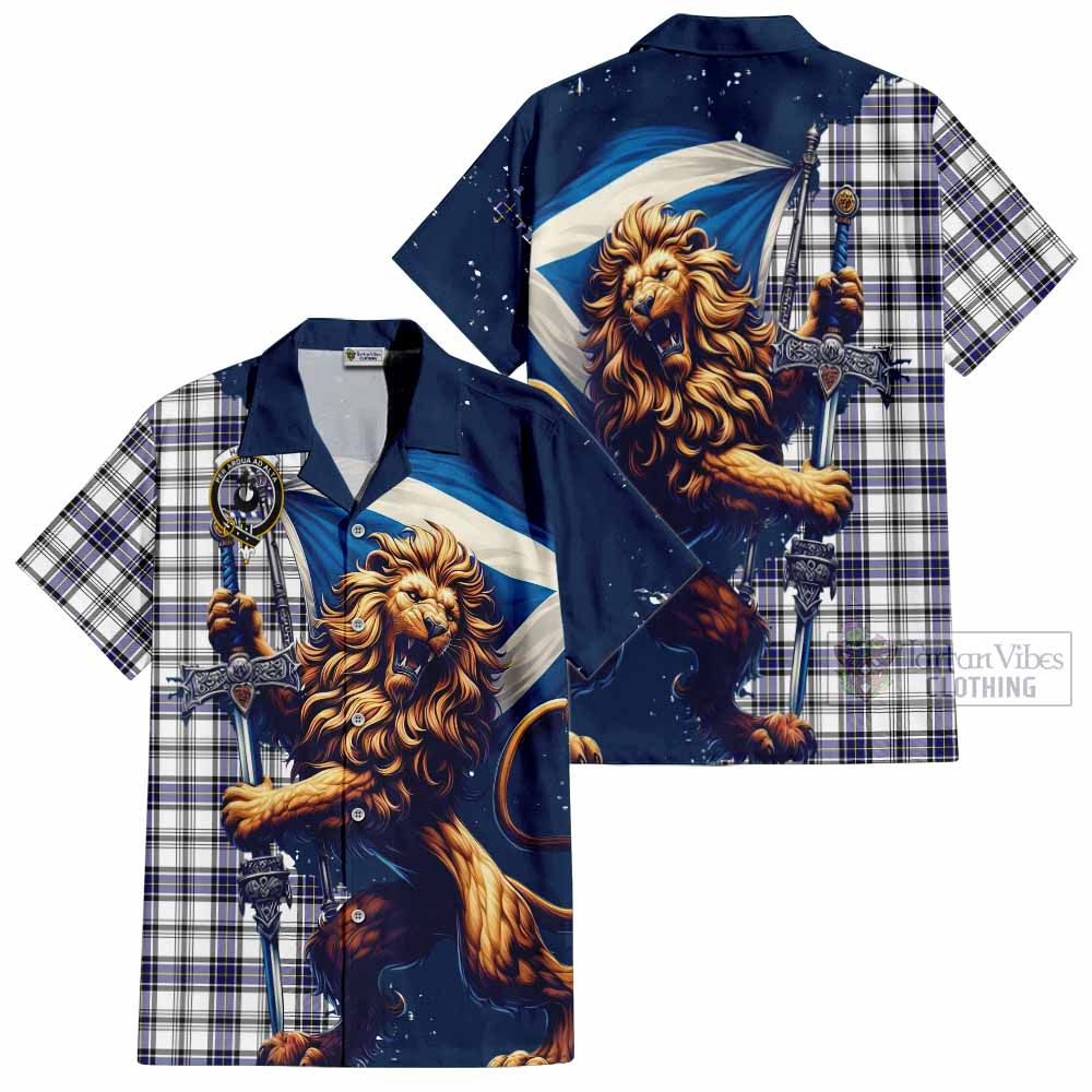 Tartan Vibes Clothing Hannay Tartan Family Crest Short Sleeve Button Shirt with Scottish Majestic Lion