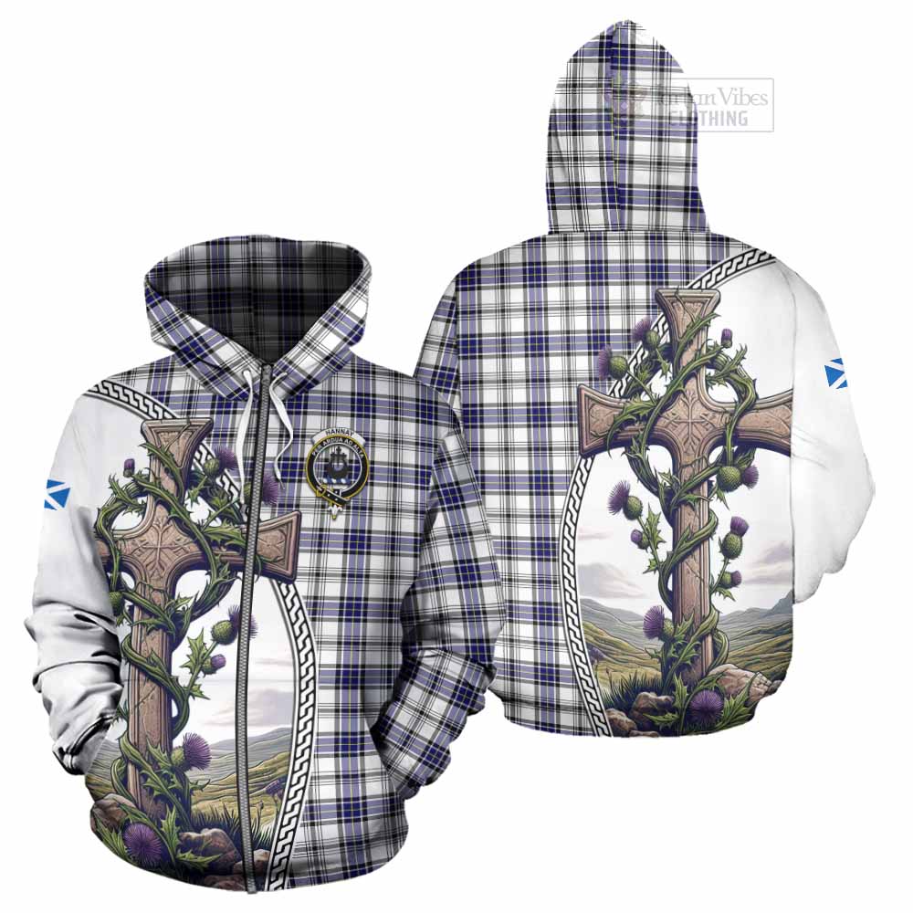 Tartan Vibes Clothing Hannay Tartan Hoodie with Family Crest and St. Andrew's Cross Accented by Thistle Vines