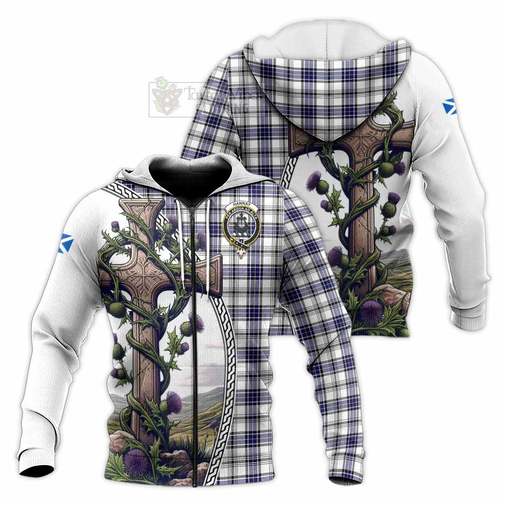 Tartan Vibes Clothing Hannay Tartan Knitted Hoodie with Family Crest and St. Andrew's Cross Accented by Thistle Vines