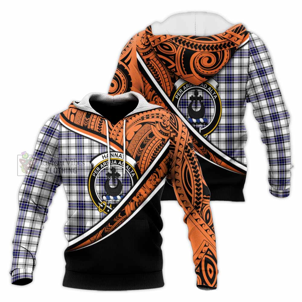 Tartan Vibes Clothing Hannay Crest Tartan Knitted Hoodie with Maori Tattoo Style - Orange Version