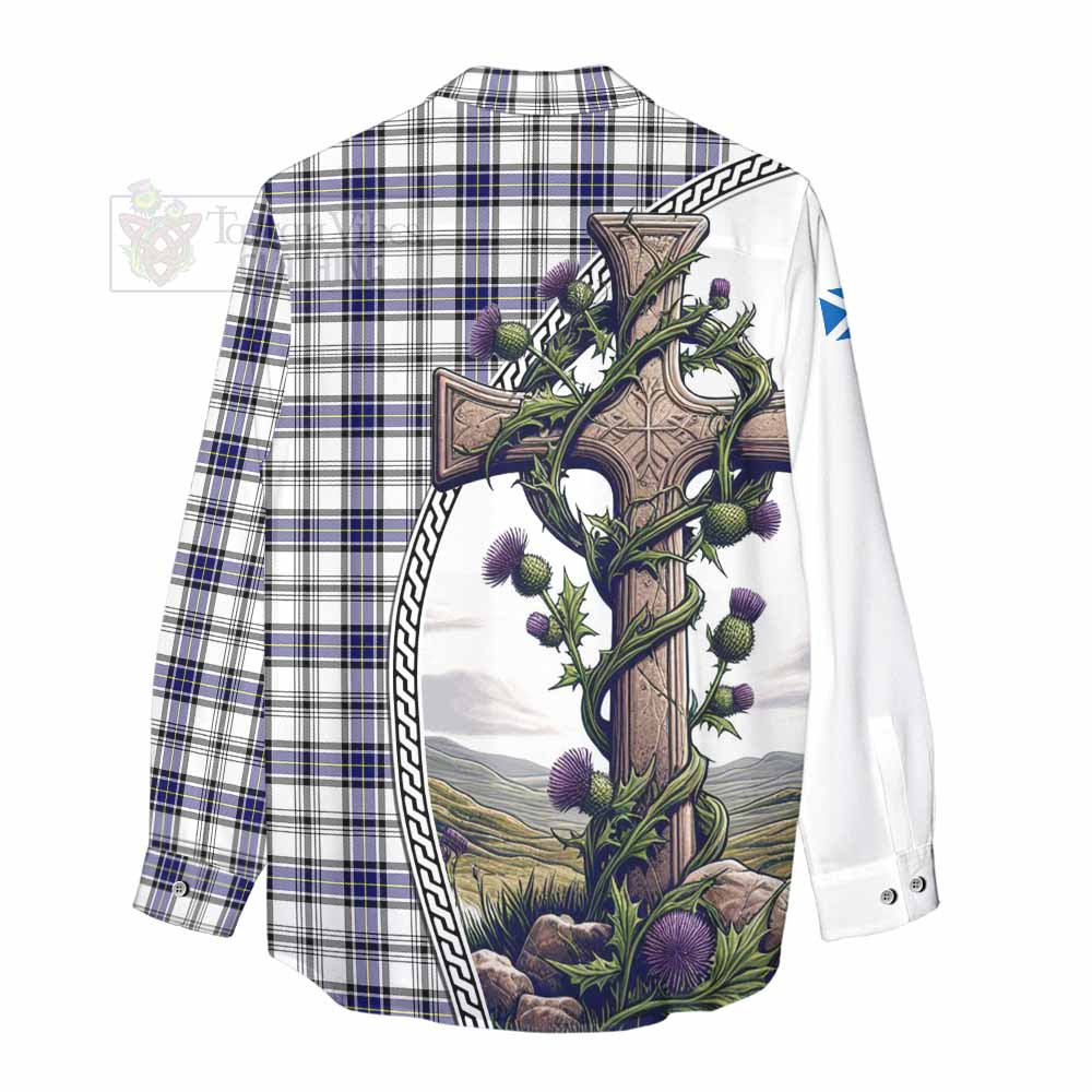 Tartan Vibes Clothing Hannay Tartan Women's Casual Shirt with Family Crest and St. Andrew's Cross Accented by Thistle Vines