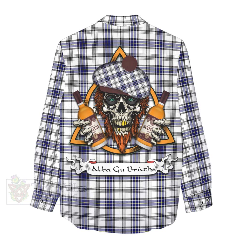 Tartan Vibes Clothing Hannay Tartan Women's Casual Shirt with Family Crest and Bearded Skull Holding Bottles of Whiskey