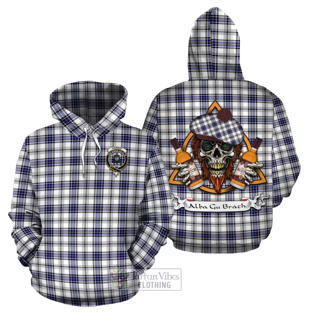 Tartan Vibes Clothing Hannay Tartan Cotton Hoodie with Family Crest and Bearded Skull Holding Bottles of Whiskey