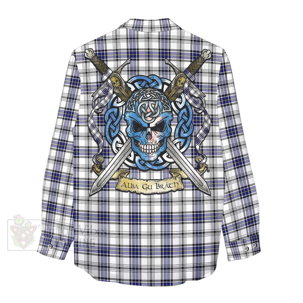 Tartan Vibes Clothing Hannay Tartan Women's Casual Shirt with Family Crest Celtic Skull Style