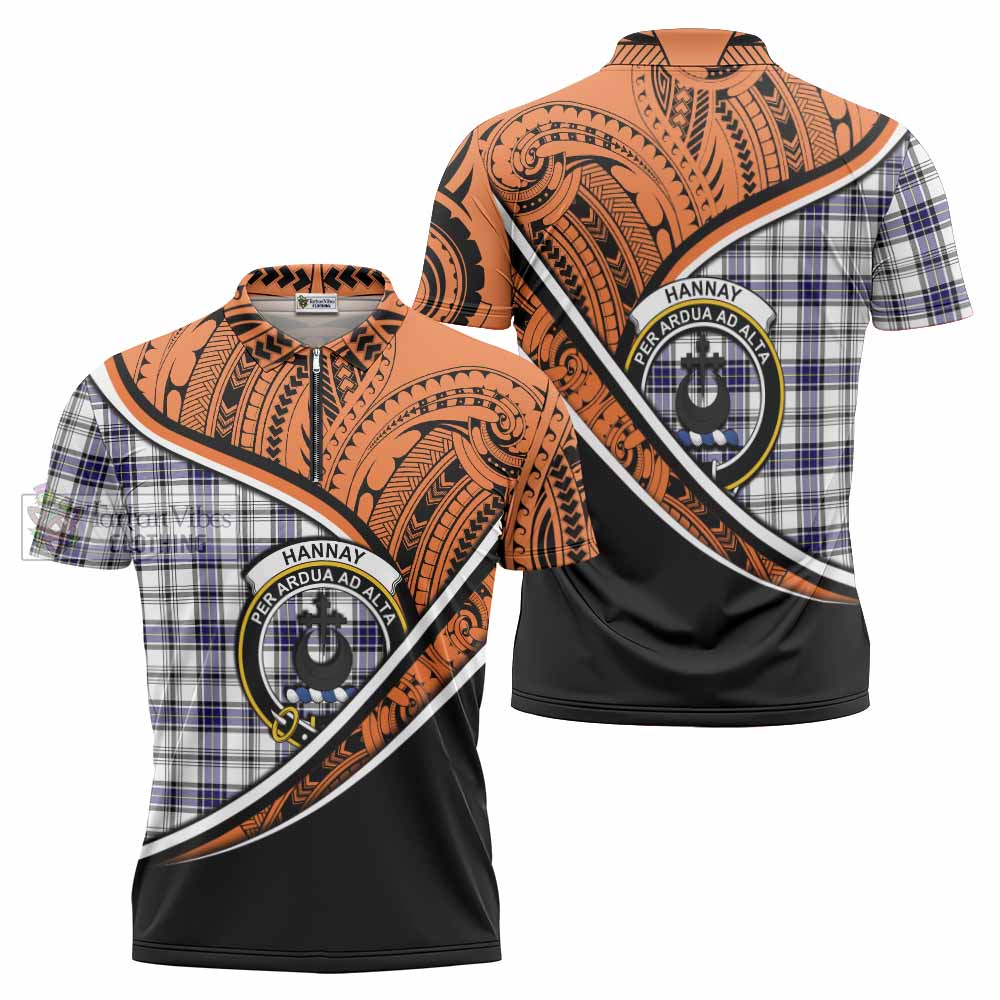 Tartan Vibes Clothing Hannay Crest Tartan Zipper Polo Shirt with Maori Tattoo Style - Orange Version