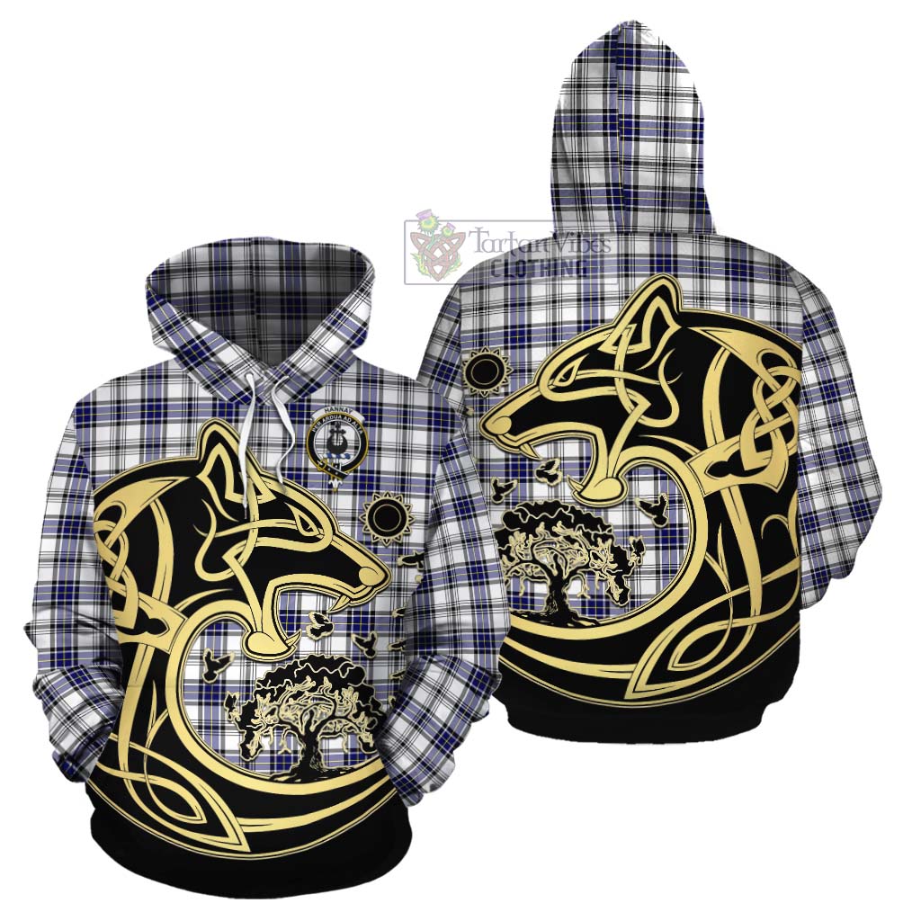 Tartan Vibes Clothing Hannay Tartan Cotton Hoodie with Family Crest Celtic Wolf Style