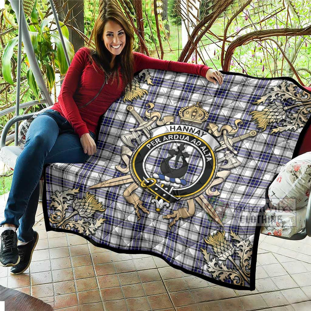 Tartan Vibes Clothing Hannay Tartan Quilt with Family Crest and Scottish Golden Courage Shield