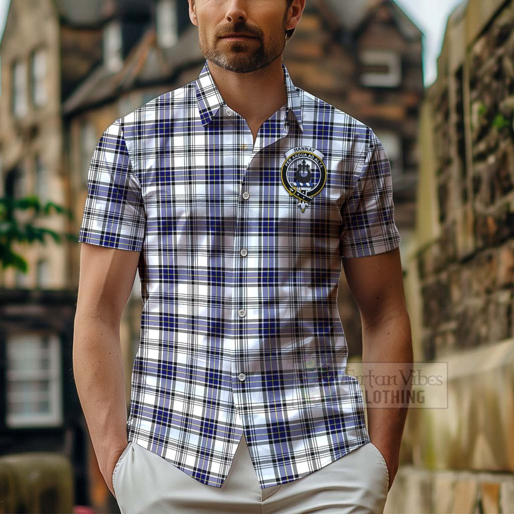 Tartan Vibes Clothing Hannay Tartan Short Sleeve Button Shirt with Family Crest and Bearded Skull Holding Bottles of Whiskey