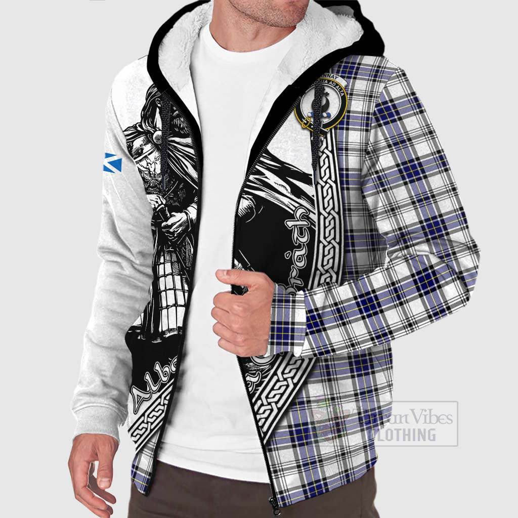 Tartan Vibes Clothing Hannay Tartan Clan Crest Sherpa Hoodie with Highlander Warrior Celtic Style