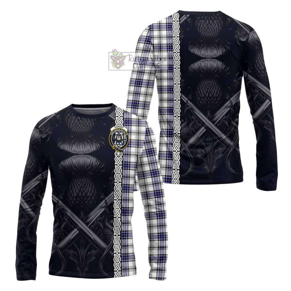 Tartan Vibes Clothing Hannay Tartan Long Sleeve T-Shirt with Family Crest Cross Sword Thistle Celtic Vibes