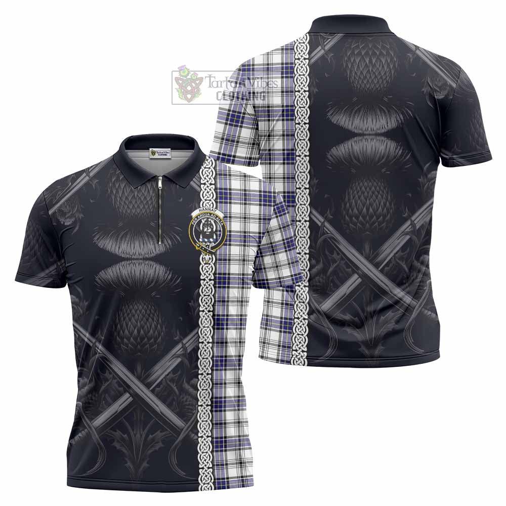 Tartan Vibes Clothing Hannay Tartan Zipper Polo Shirt with Family Crest Cross Sword Thistle Celtic Vibes