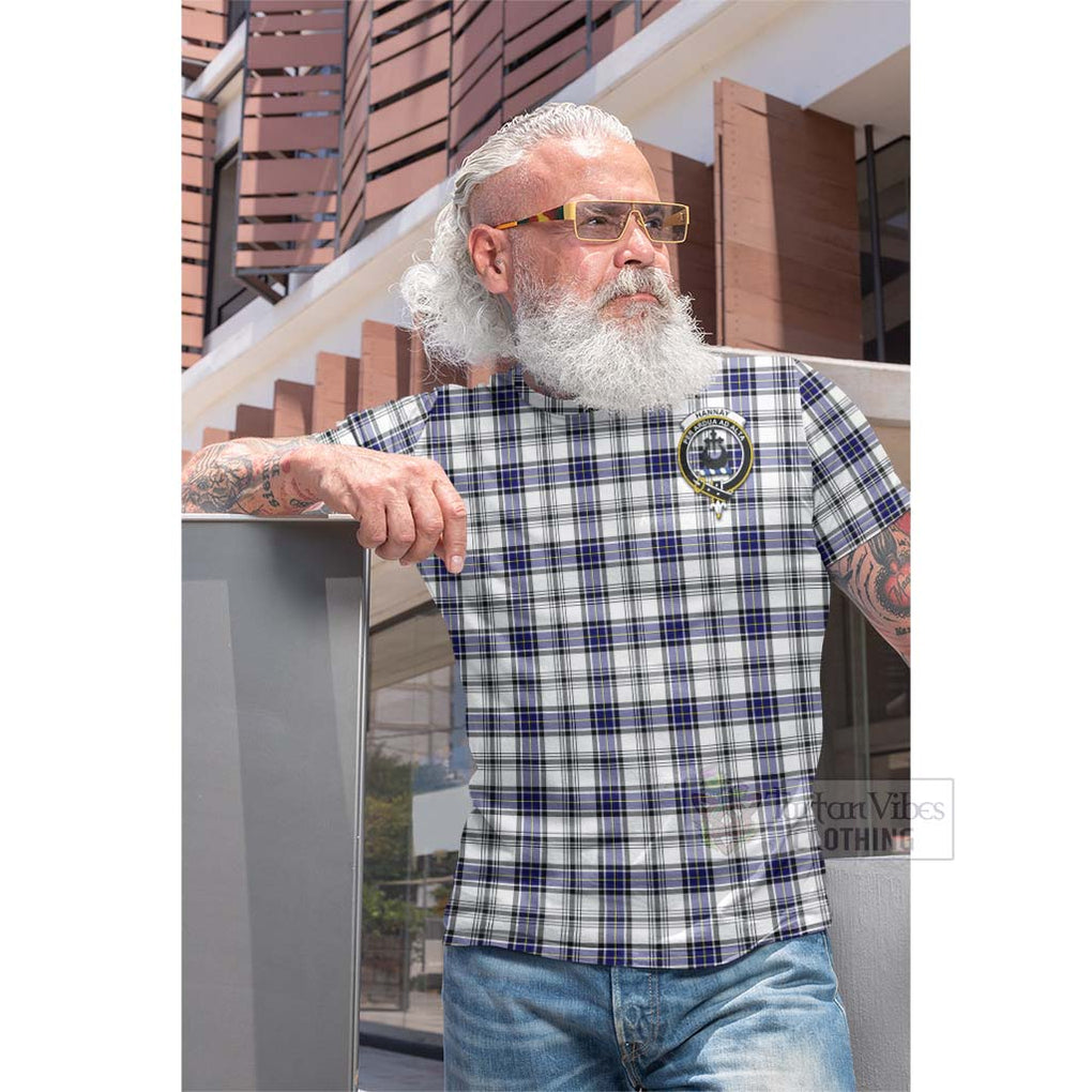 Tartan Vibes Clothing Hannay Tartan Cotton T-shirt with Family Crest and Bearded Skull Holding Bottles of Whiskey