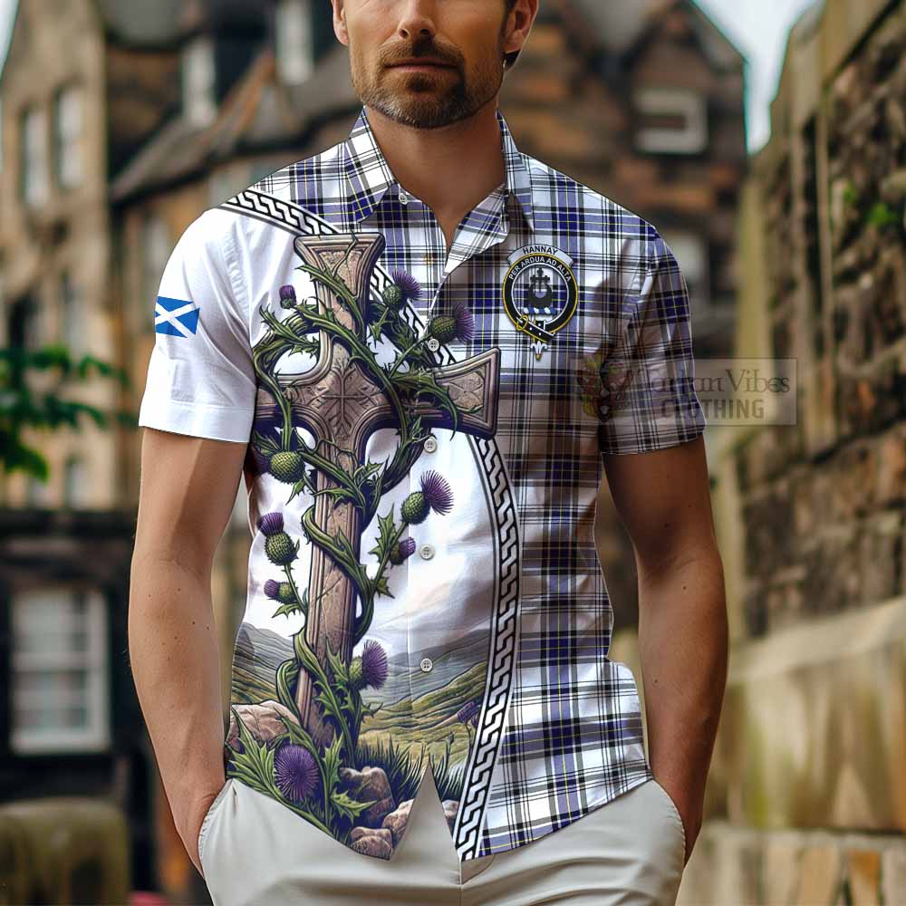 Tartan Vibes Clothing Hannay Tartan Short Sleeve Button Shirt with Family Crest and St. Andrew's Cross Accented by Thistle Vines