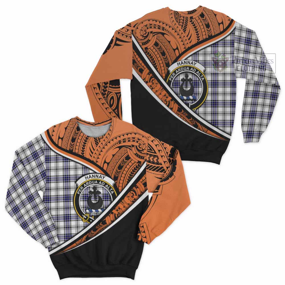 Tartan Vibes Clothing Hannay Crest Tartan Sweatshirt with Maori Tattoo Style - Orange Version