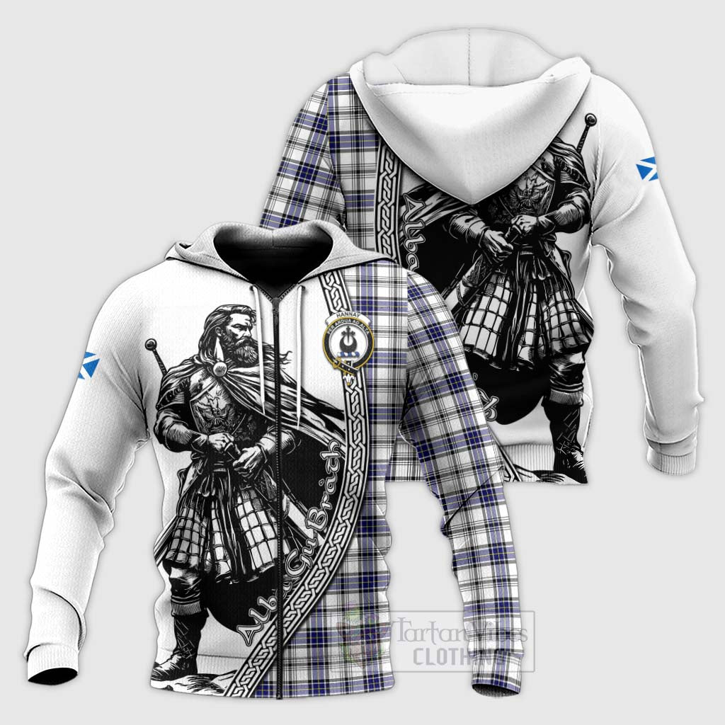 Tartan Vibes Clothing Hannay Tartan Clan Crest Knitted Hoodie with Highlander Warrior Celtic Style