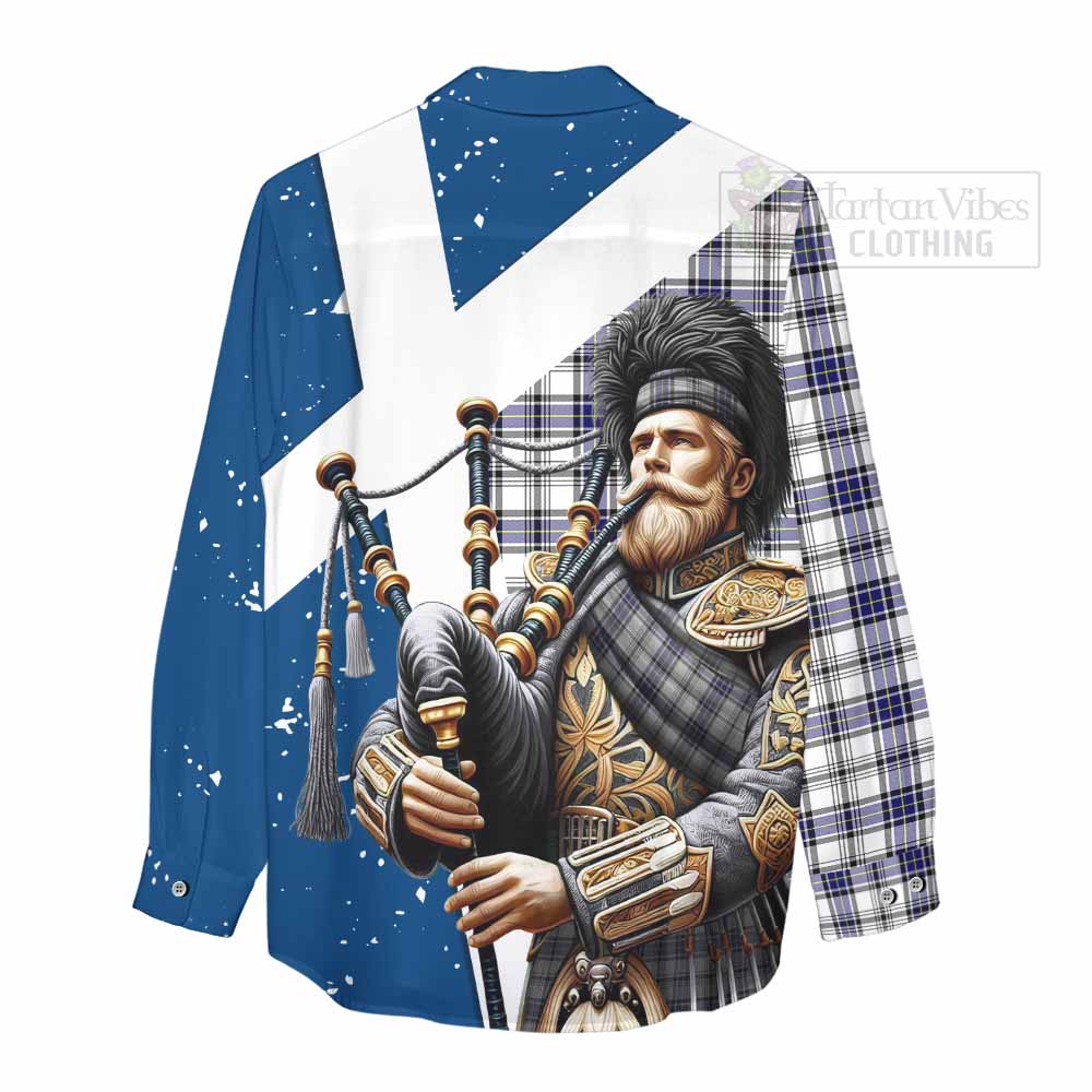 Tartan Vibes Clothing Hannay Tartan Women's Casual Shirt with Family Crest Scottish Bagpiper Vibes