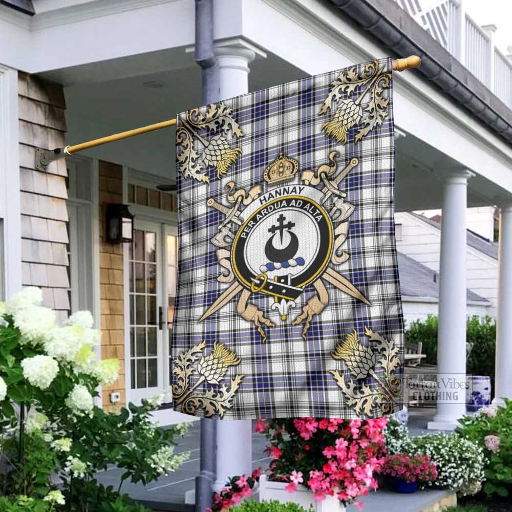 Tartan Vibes Clothing Hannay Tartan Flag with Family Crest and Golden Thistle Crossed Sword Design