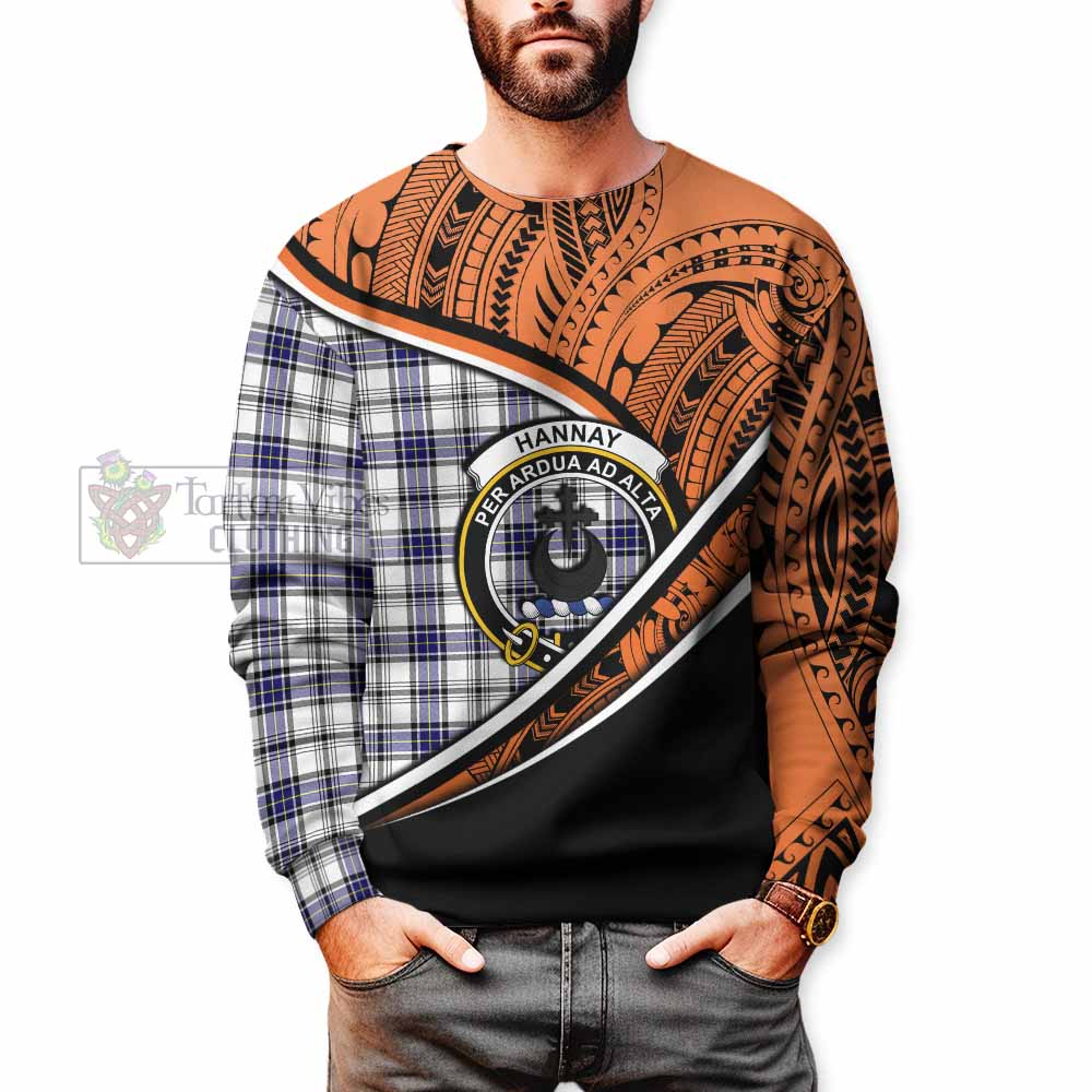 Tartan Vibes Clothing Hannay Crest Tartan Sweatshirt with Maori Tattoo Style - Orange Version