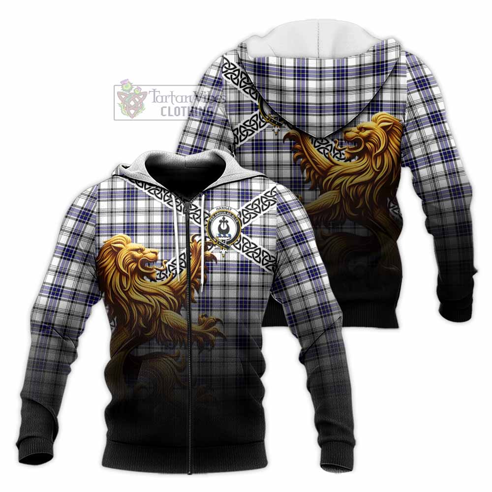 Hannay Crest Tartan Knitted Hoodie with Golden Lion Emblem Celtic Style Unisex Knitted Zip Hoodie - Tartan Vibes Clothing