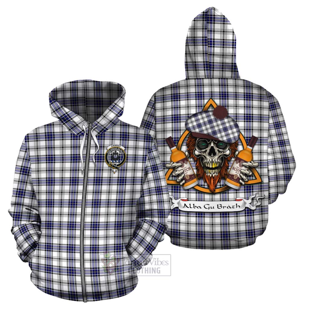 Tartan Vibes Clothing Hannay Tartan Cotton Hoodie with Family Crest and Bearded Skull Holding Bottles of Whiskey