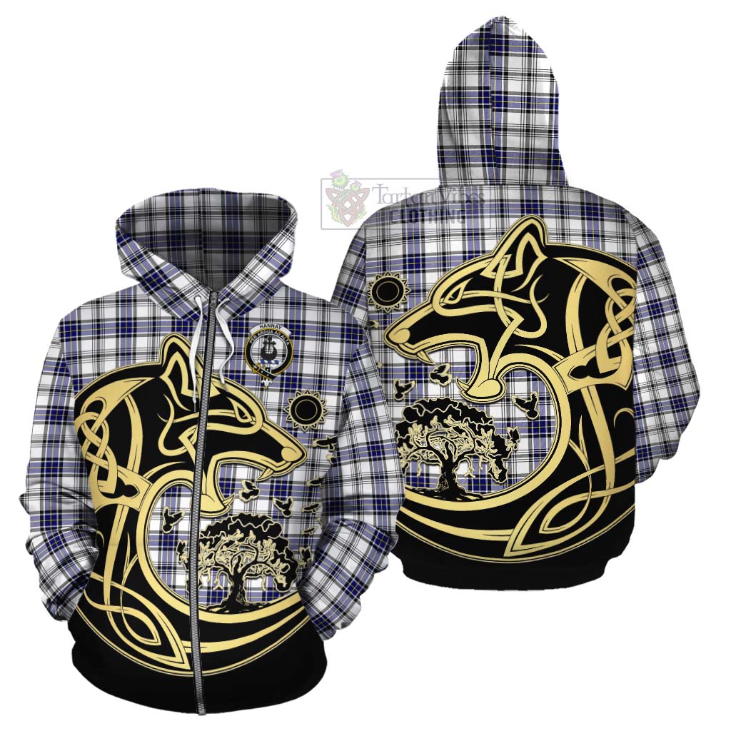 Tartan Vibes Clothing Hannay Tartan Cotton Hoodie with Family Crest Celtic Wolf Style