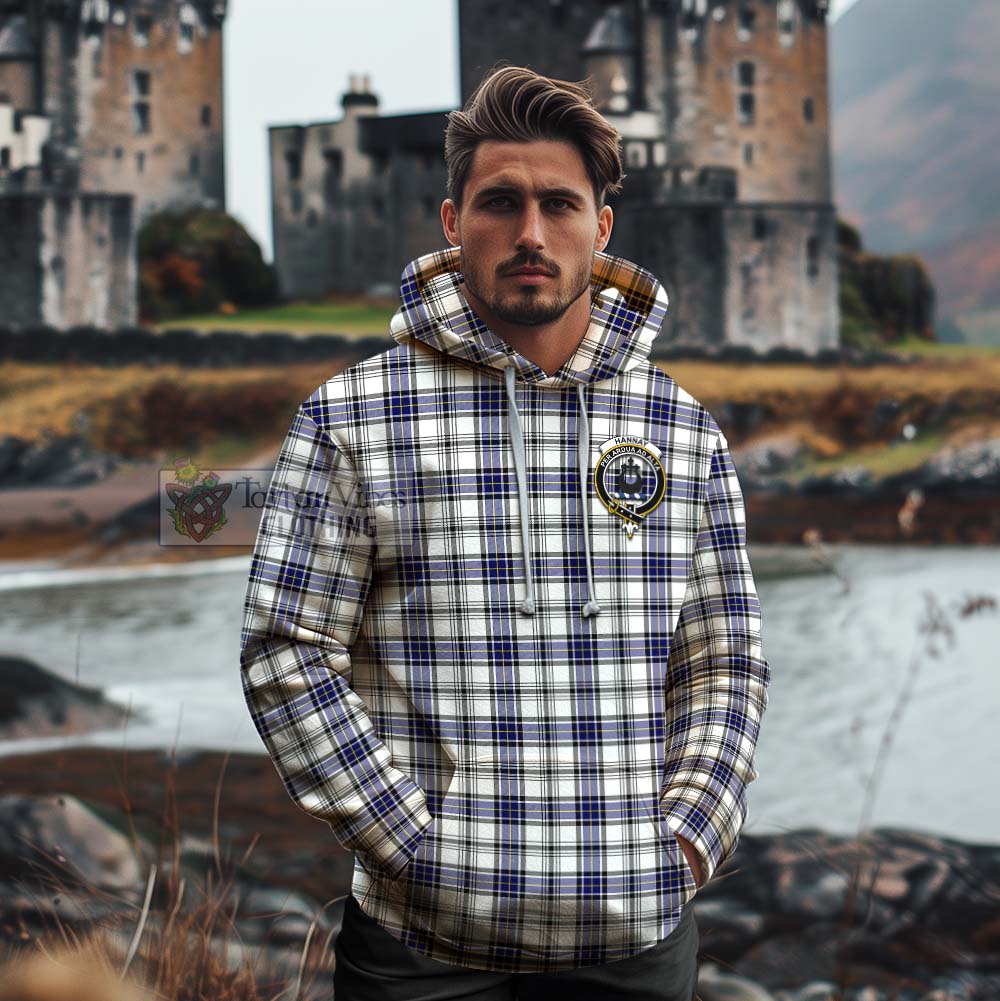 Tartan Vibes Clothing Hannay Tartan Cotton Hoodie with Family Crest and Bearded Skull Holding Bottles of Whiskey