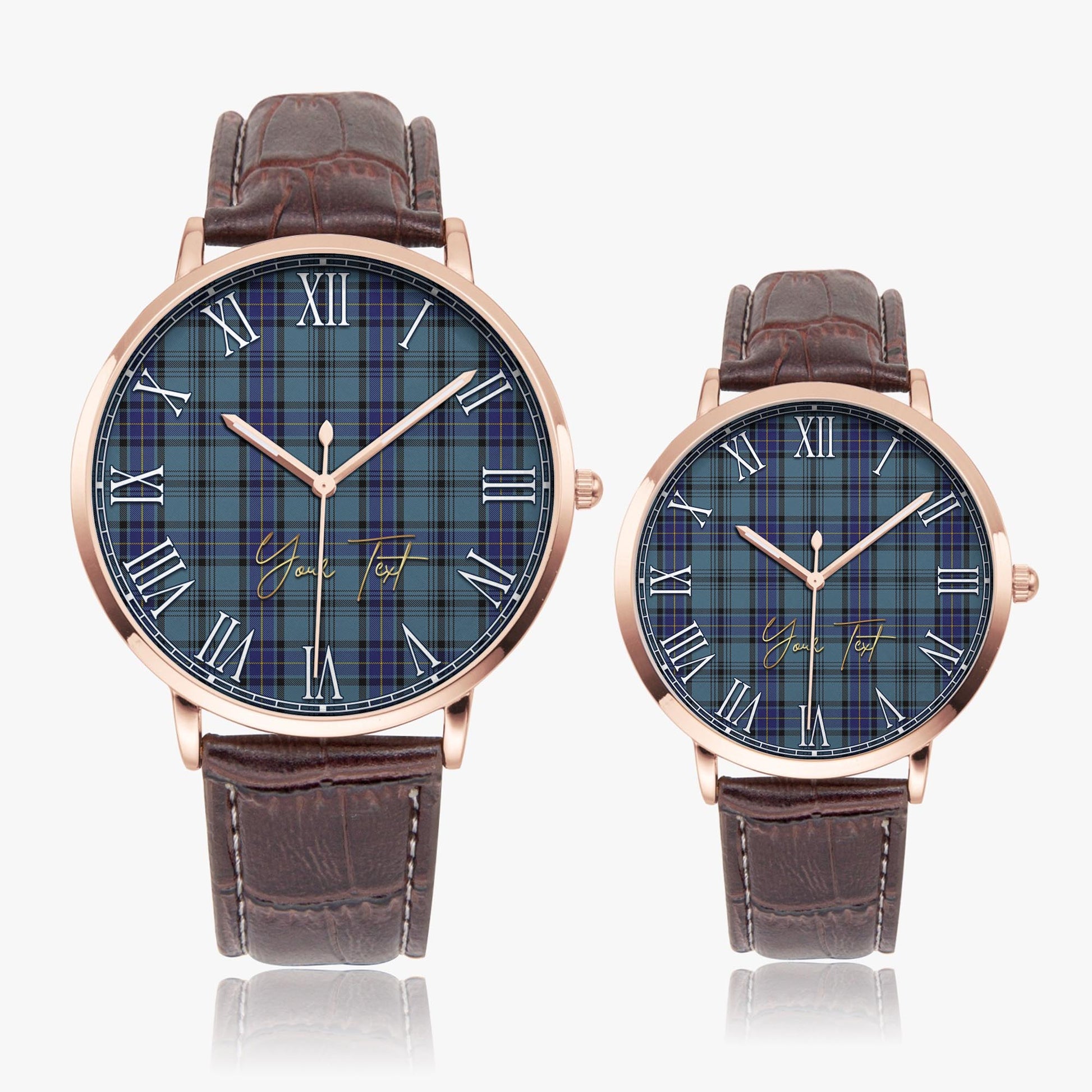 Hannay Blue Tartan Personalized Your Text Leather Trap Quartz Watch Ultra Thin Rose Gold Case With Brown Leather Strap - Tartanvibesclothing