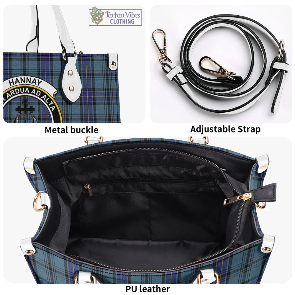 Tartan Vibes Clothing Hannay Blue Tartan Luxury Leather Handbags with Family Crest