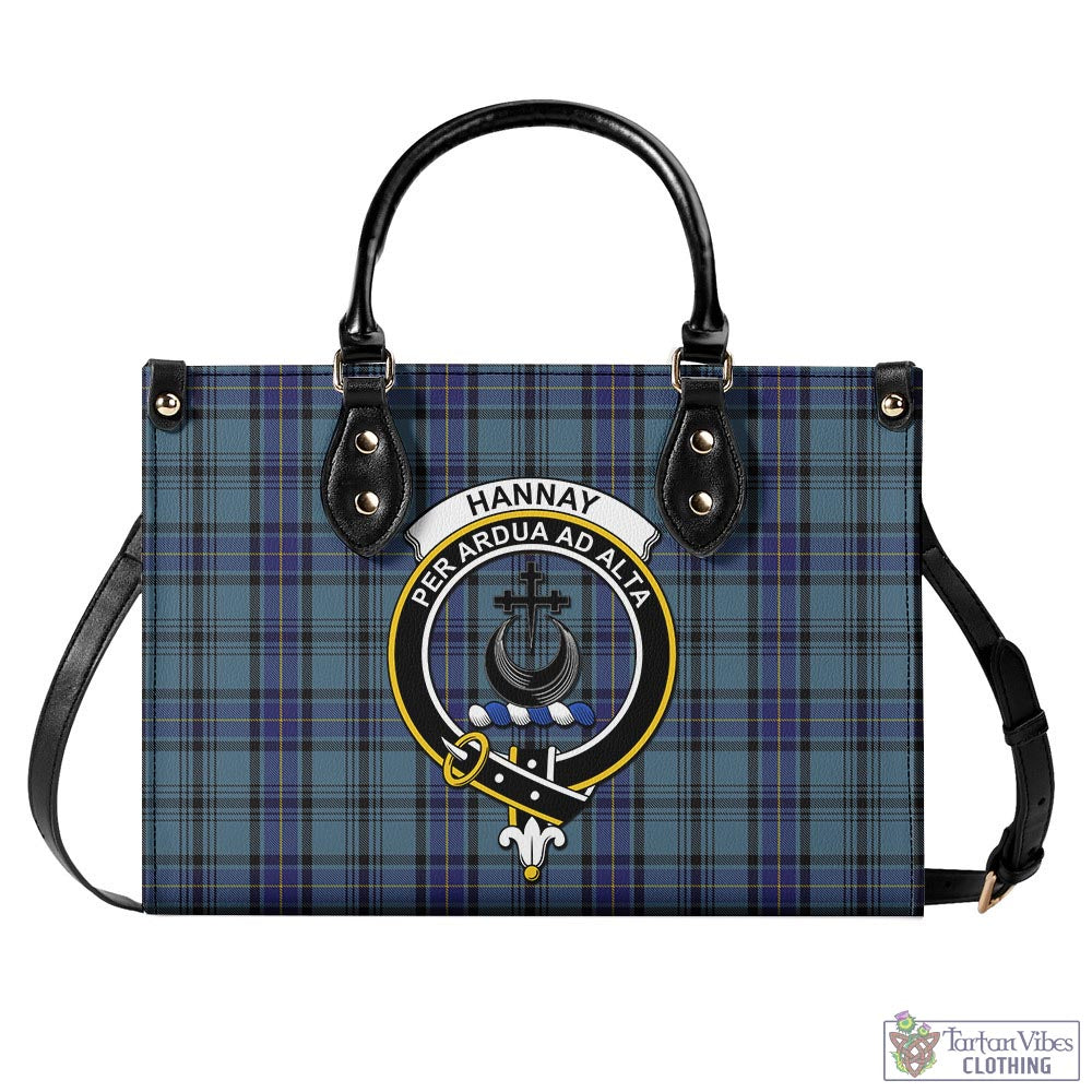 Tartan Vibes Clothing Hannay Blue Tartan Luxury Leather Handbags with Family Crest