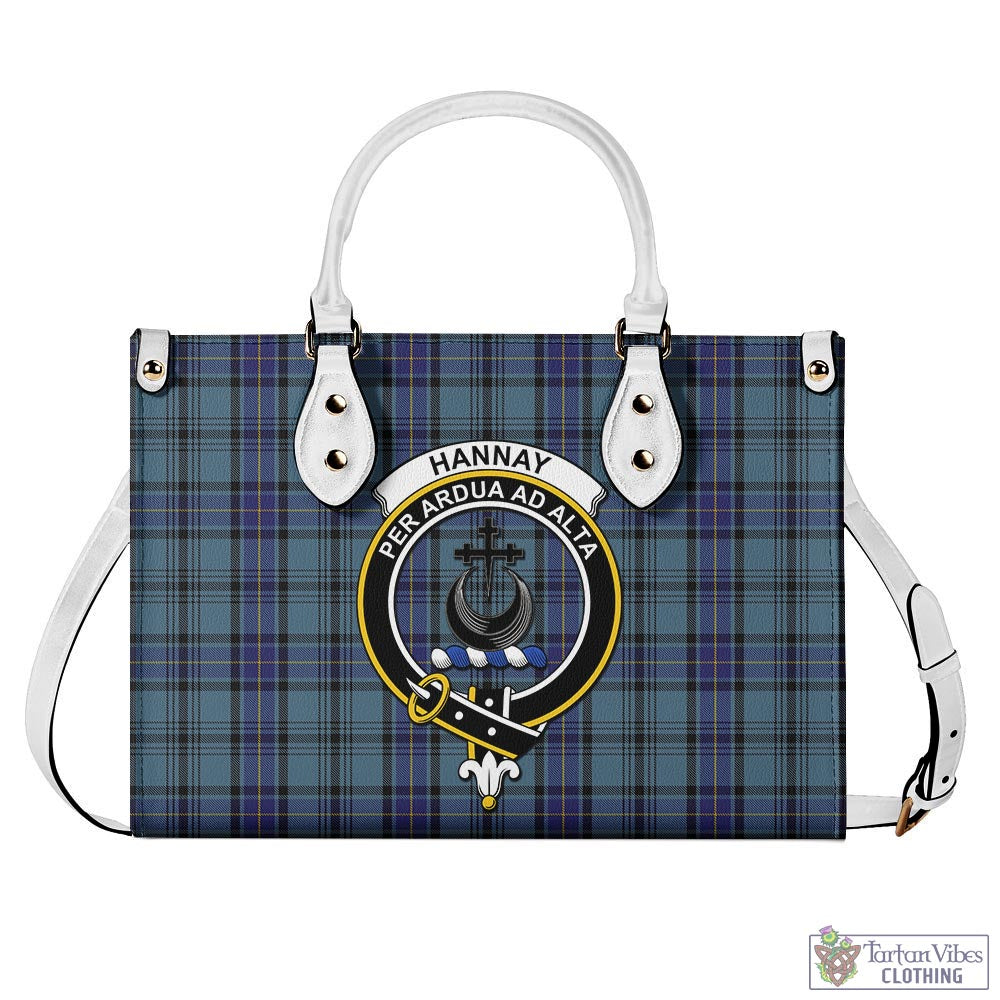 Tartan Vibes Clothing Hannay Blue Tartan Luxury Leather Handbags with Family Crest