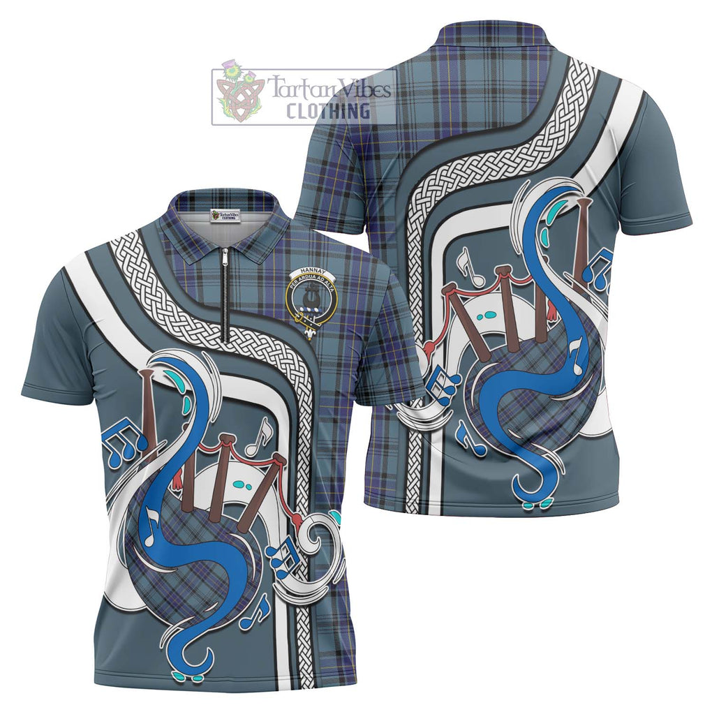 Hannay Blue Tartan Zipper Polo Shirt with Epic Bagpipe Style Unisex - Tartanvibesclothing Shop