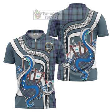 Hannay Blue Tartan Zipper Polo Shirt with Epic Bagpipe Style