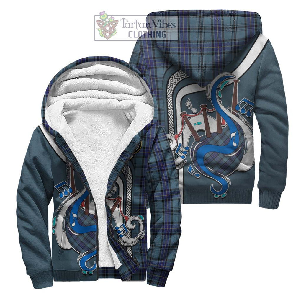 Hannay Blue Tartan Sherpa Hoodie with Epic Bagpipe Style Unisex S - Tartanvibesclothing Shop