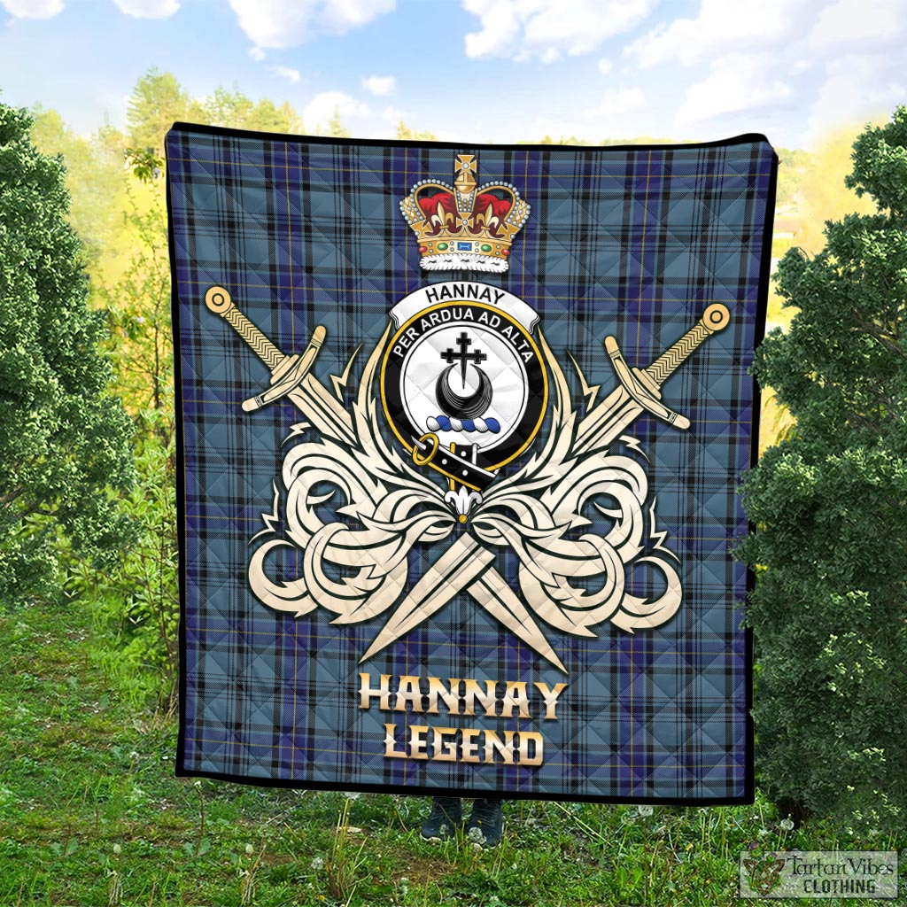 Tartan Vibes Clothing Hannay Blue Tartan Quilt with Clan Crest and the Golden Sword of Courageous Legacy