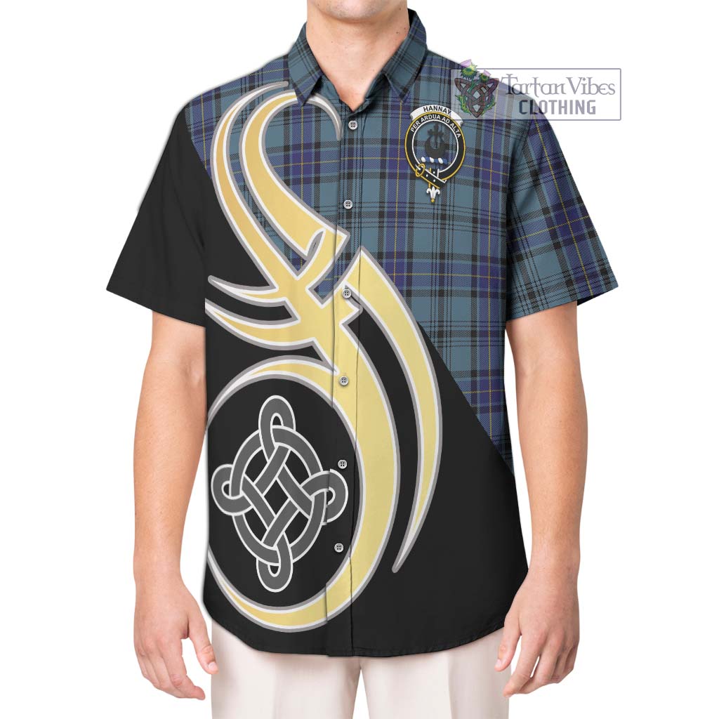 Hannay Blue Tartan Short Sleeve Button Shirt with Family Crest and Celtic Symbol Style Kid - Tartan Vibes Clothing