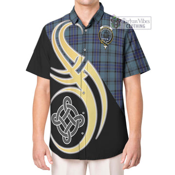 Hannay Blue Tartan Short Sleeve Button Shirt with Family Crest and Celtic Symbol Style